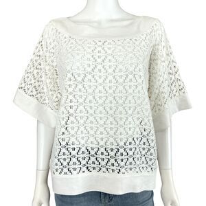 Lafayette 148 Linen Cotton Crochet Top Size XS White Boxy Short Sleeve Lagenlook